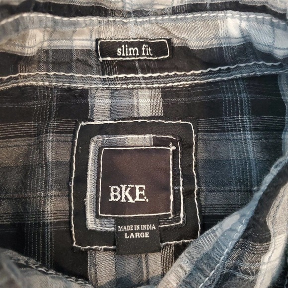 BKE Slim Fit Large Snap Button Gray Plaid Long Sleeve Shirt Double Pockets - Picture 6 of 10